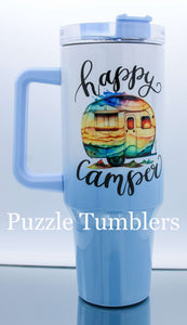 HAPPY CAMPER LIGHT BLUE OMBRE - 40OZ GENERIC CUSTOM TUMBLER - READY TO SHIP