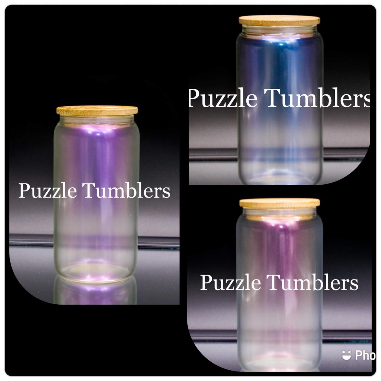 16 oz Iridescent Glass Tumbler with Bamboo Lid for Sublimation Blue