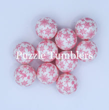 Load image into Gallery viewer, 25MM BUBBLEGUM BEADS (10 PIECE) - WHITE PEARL WITH PINK SNOWFLAKES